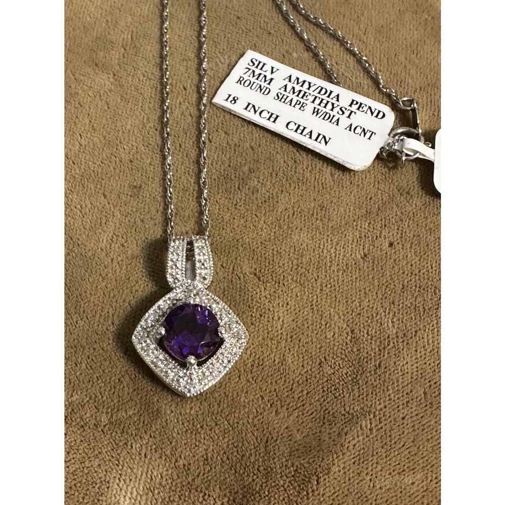 Sterling Silver Amethyst Diamond Halo 18" Pendant Necklace NWT